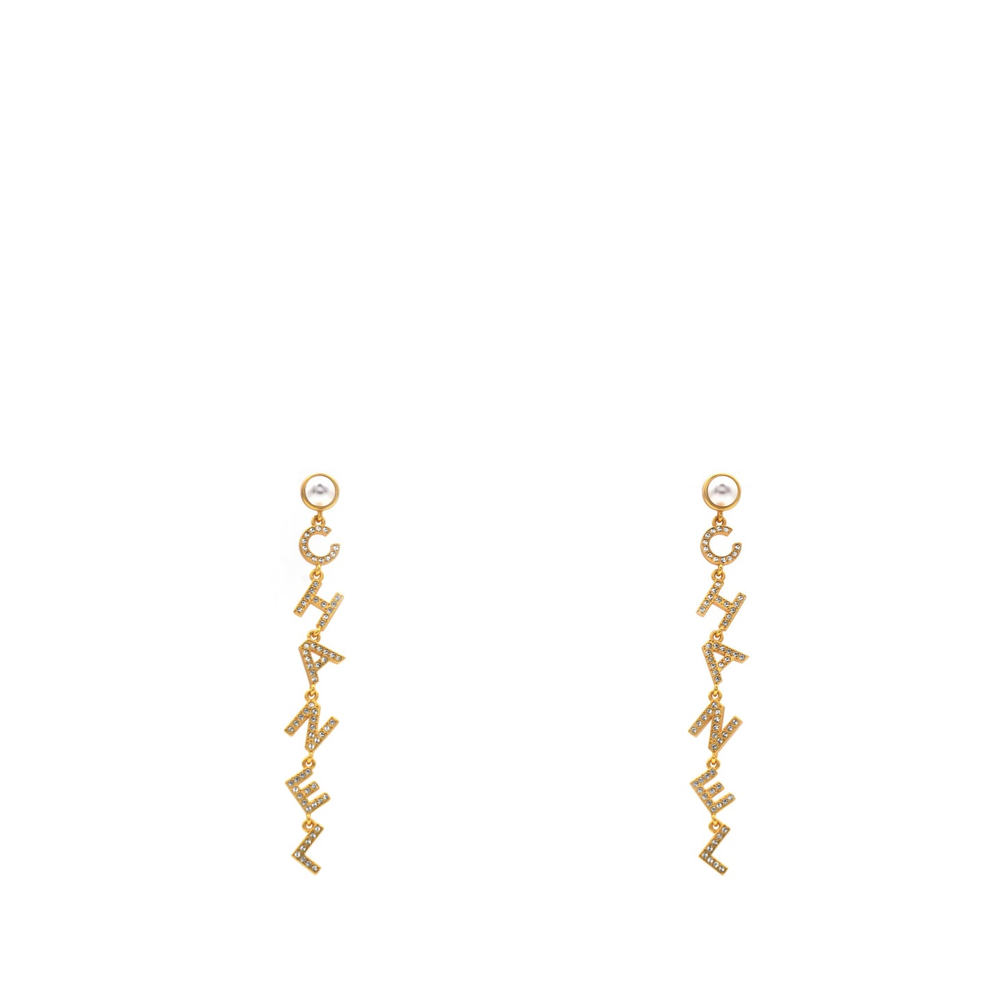 Chanel Crystal Pearl 90’s Icon Drop Letter Earrings Gold