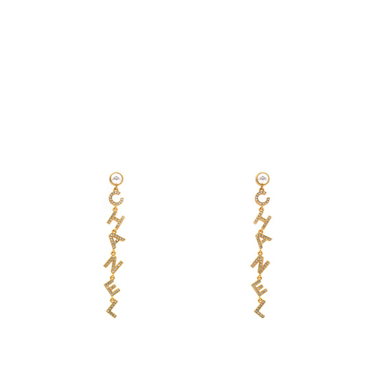 Chanel Crystal Pearl 90’s Icon Drop Letter Earrings Gold