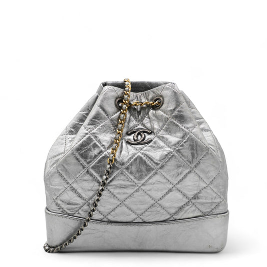 Chanel Metallic Crumpled Calfskin Quilted Gabrielle Backpack Silver