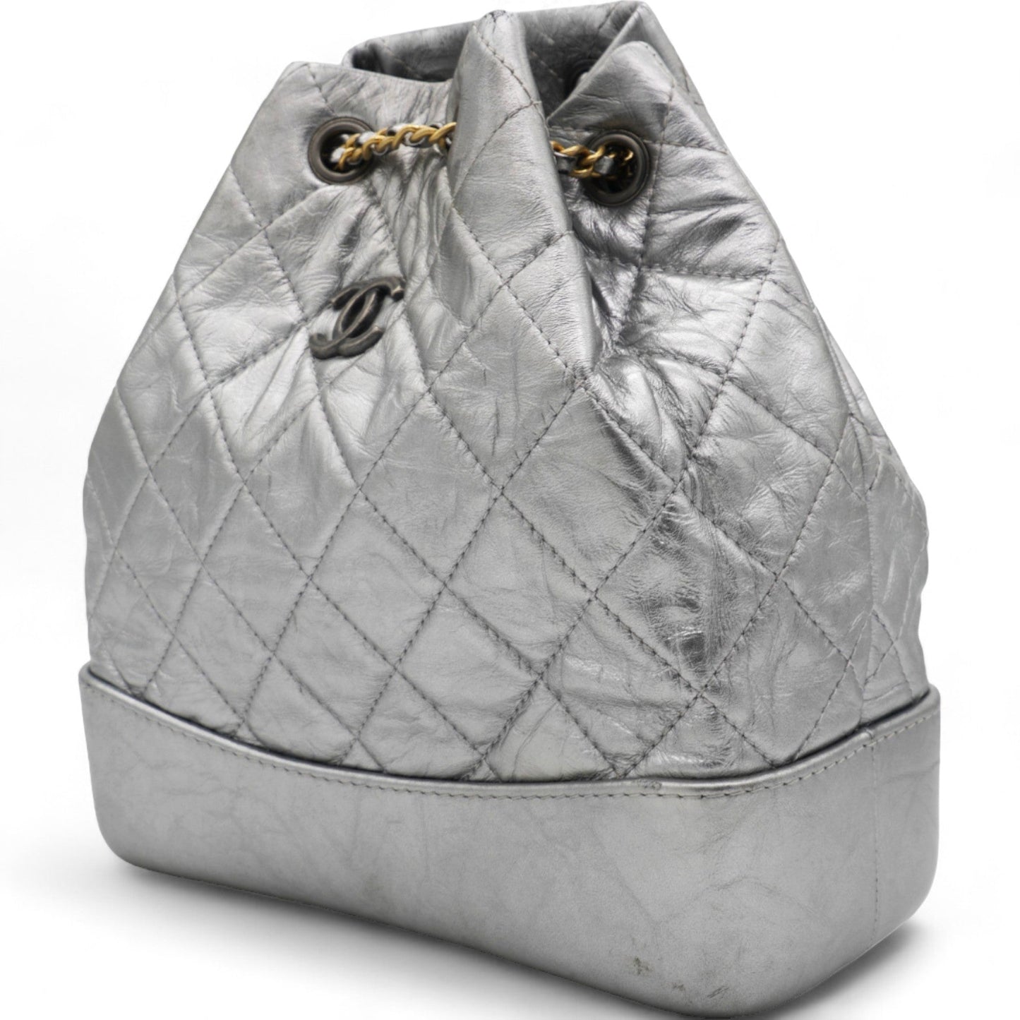 Chanel Metallic Crumpled Calfskin Quilted Gabrielle Backpack Silver