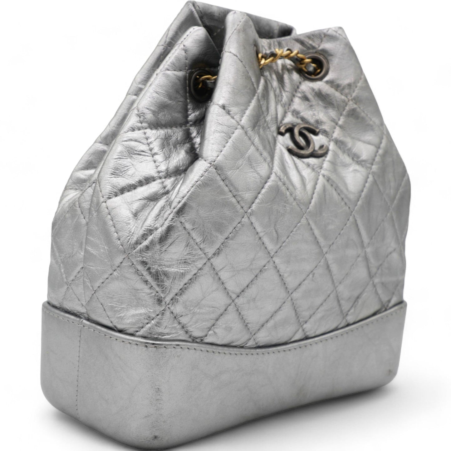 Chanel Metallic Crumpled Calfskin Quilted Gabrielle Backpack Silver