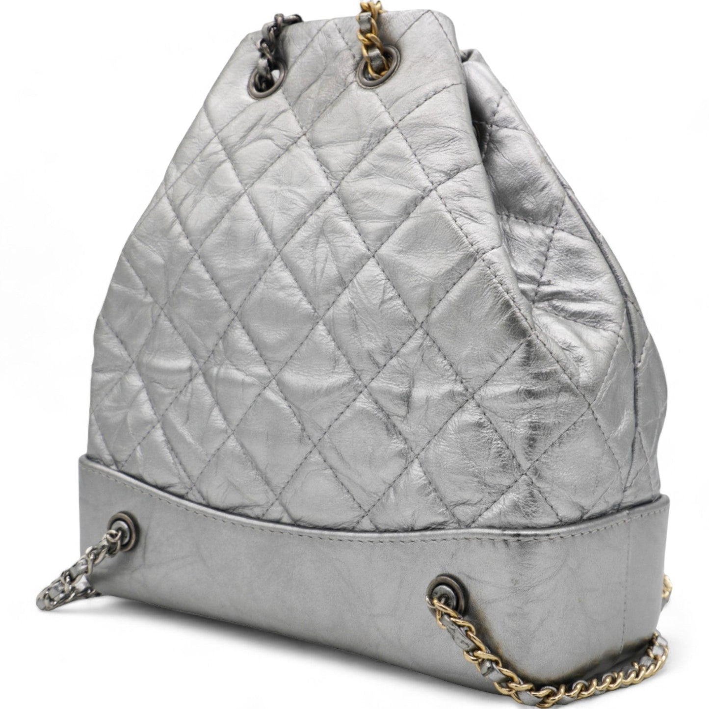 Chanel Metallic Crumpled Calfskin Quilted Gabrielle Backpack Silver