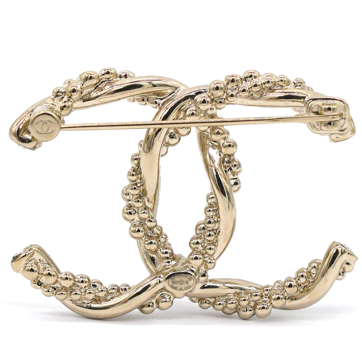 Chanel Metal Crystal Twisted CC Brooch Light Gold