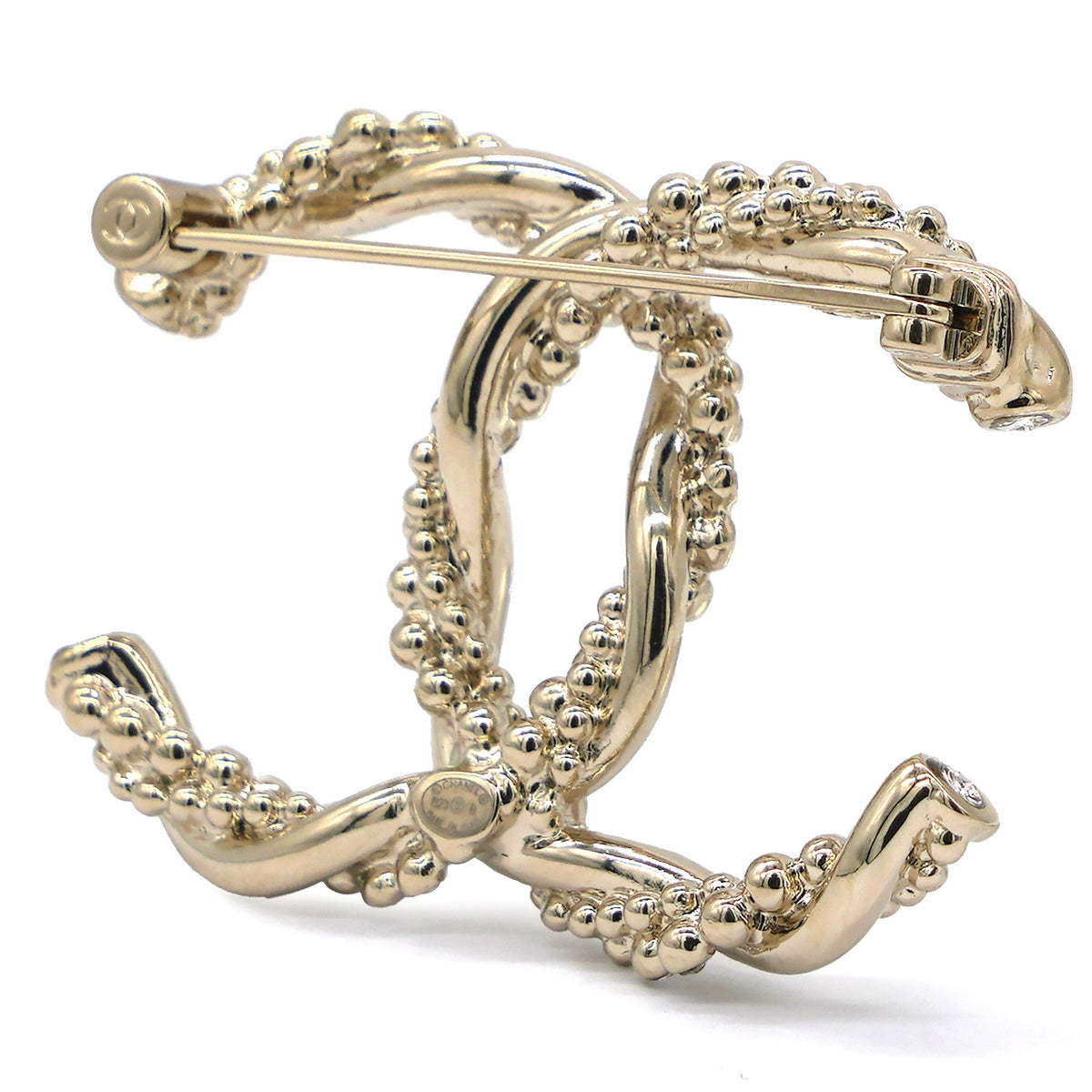 Chanel Metal Crystal Twisted CC Brooch Light Gold