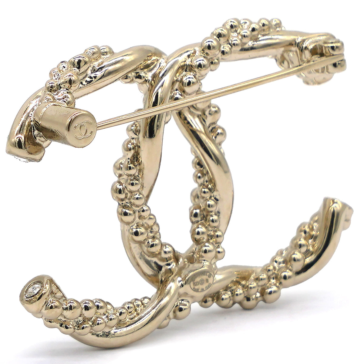 Chanel Metal Crystal Twisted CC Brooch Light Gold