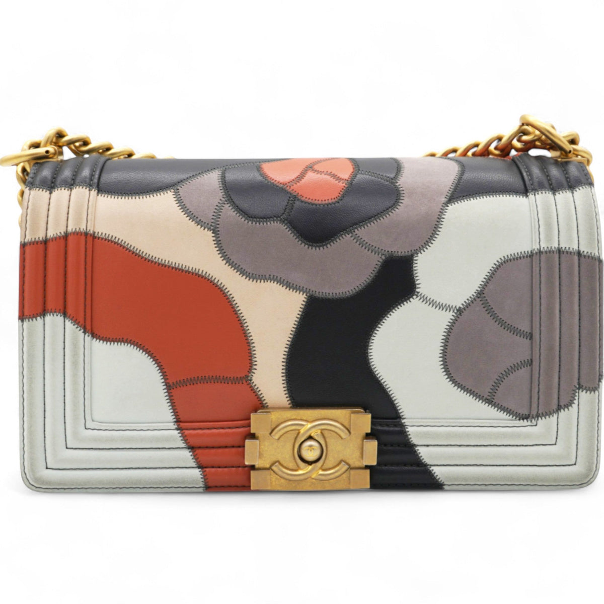 Chanel Lambskin Suede Patchwork Medium Act I Camellia Boy Flap Charcoal Brown Pink