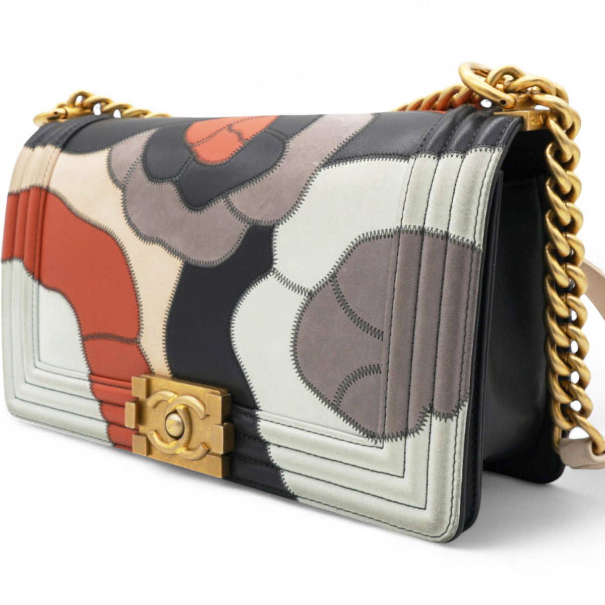 Chanel Lambskin Suede Patchwork Medium Act I Camellia Boy Flap Charcoal Brown Pink