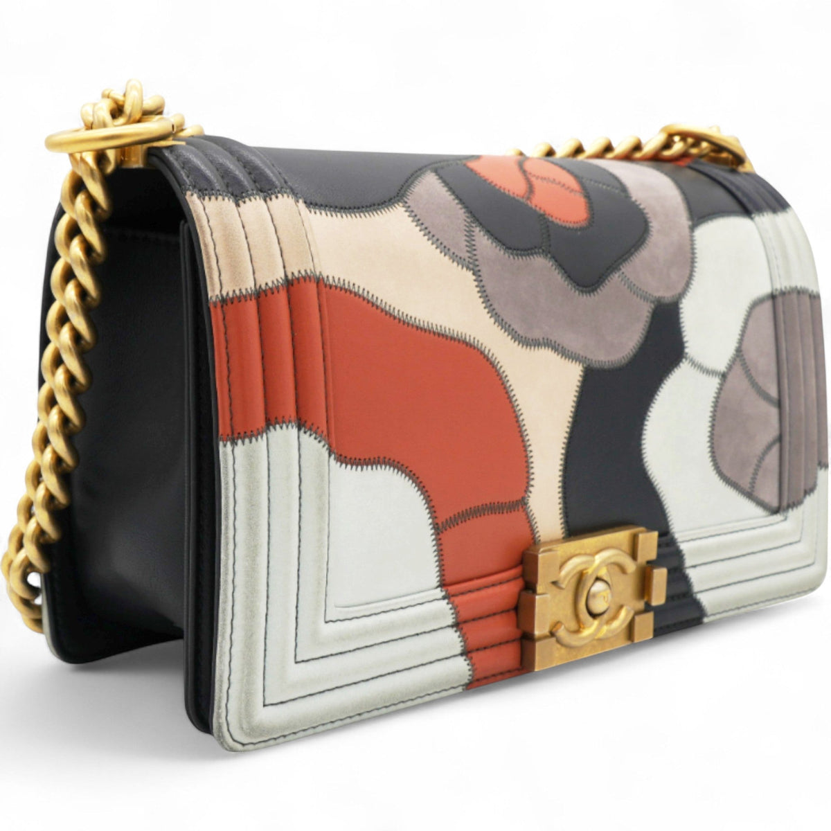 Chanel Lambskin Suede Patchwork Medium Act I Camellia Boy Flap Charcoal Brown Pink
