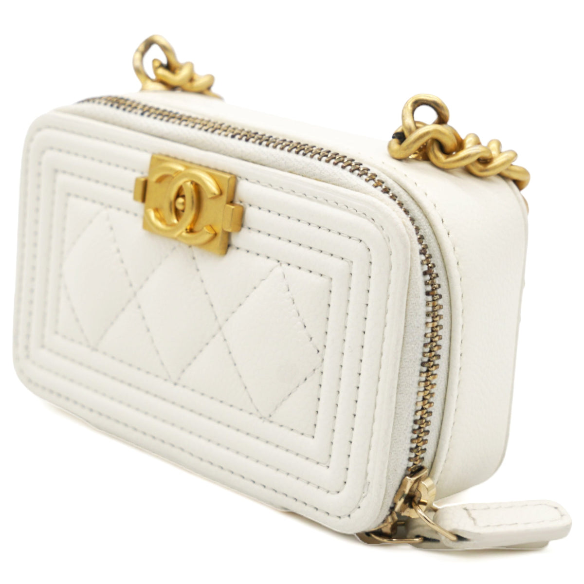 Chanel White caviar mini boy clutch on chain