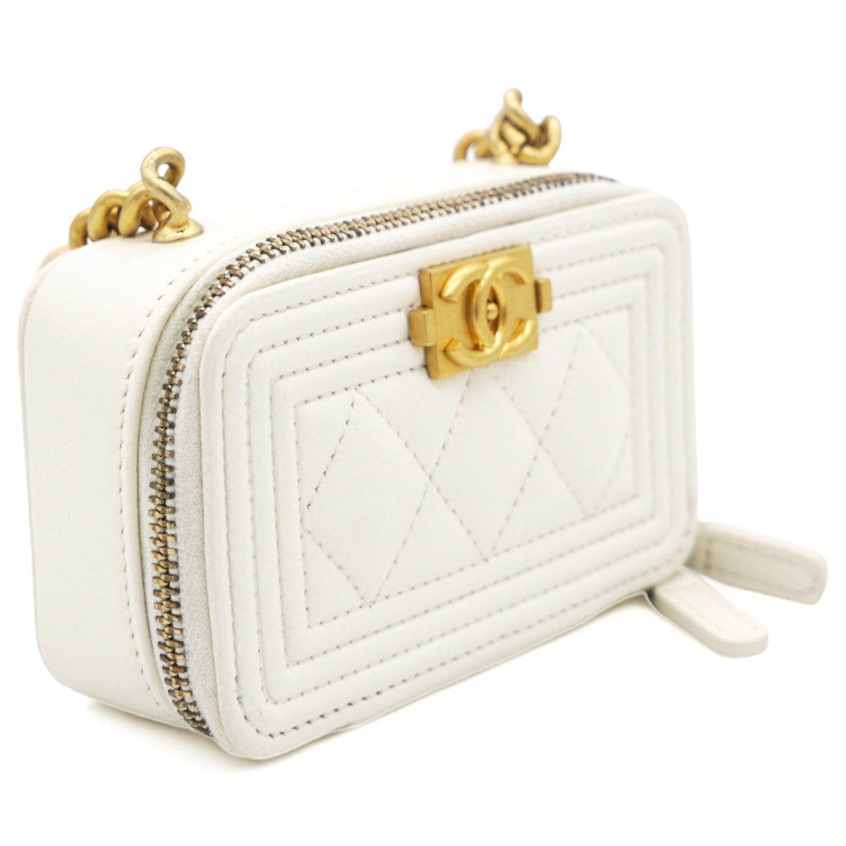 Chanel White caviar mini boy clutch on chain
