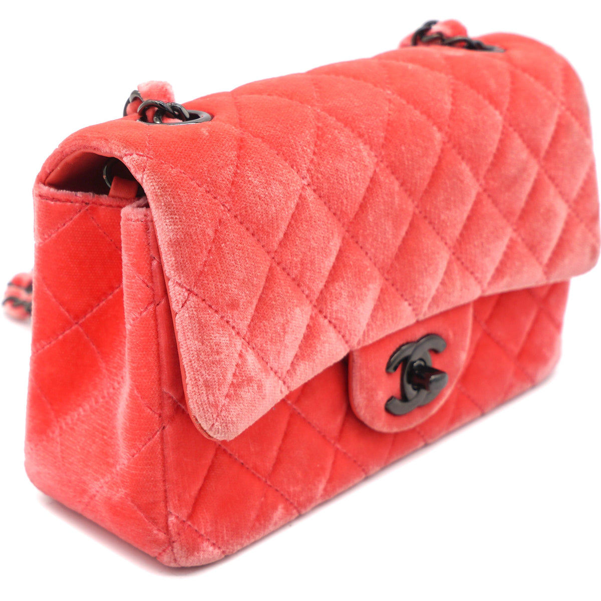 Chanel Velvet Quilted Mini Rectangular Flap Peachy Pink