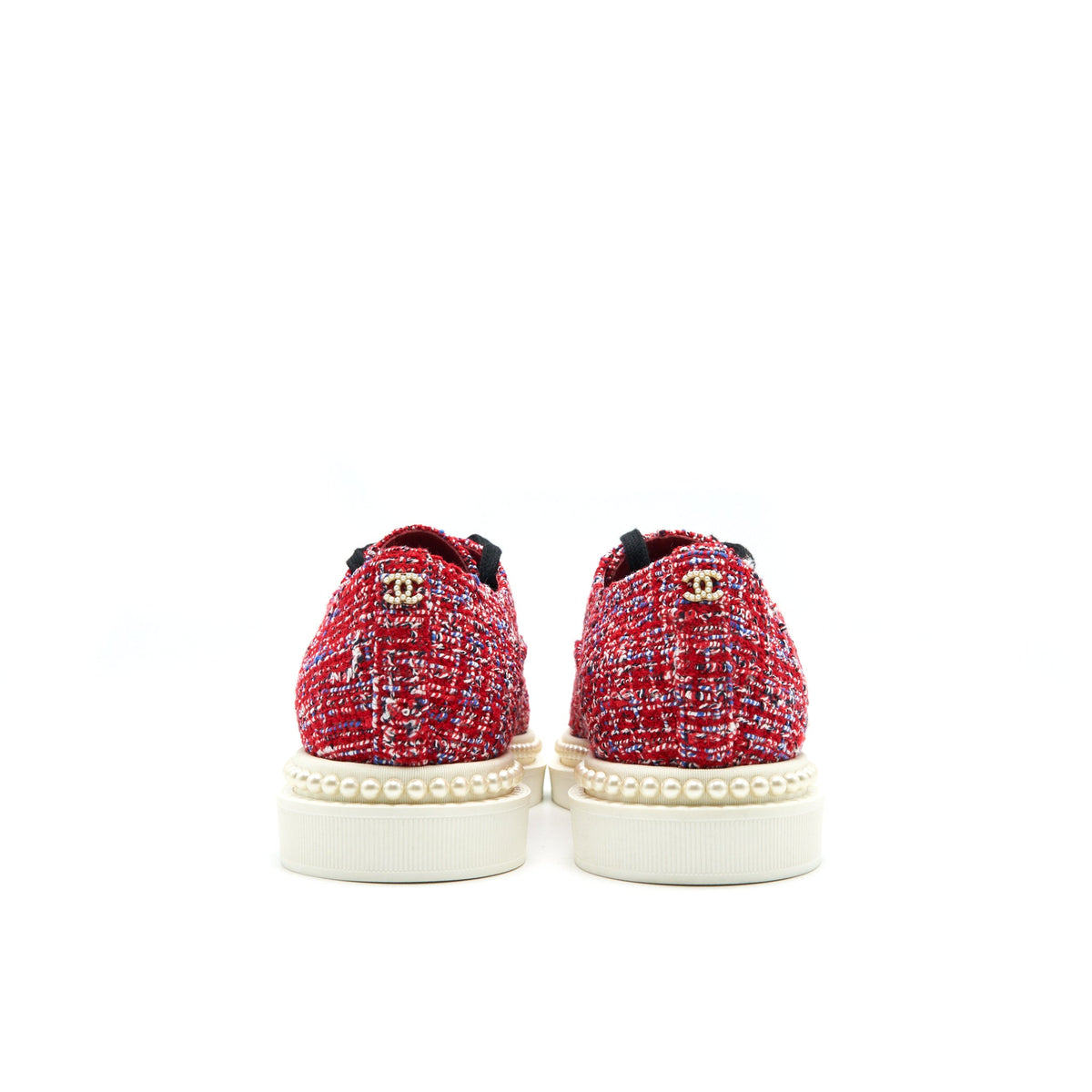 Chanel Size 36.5 Tweed Lace-Up Pearl Flats Red