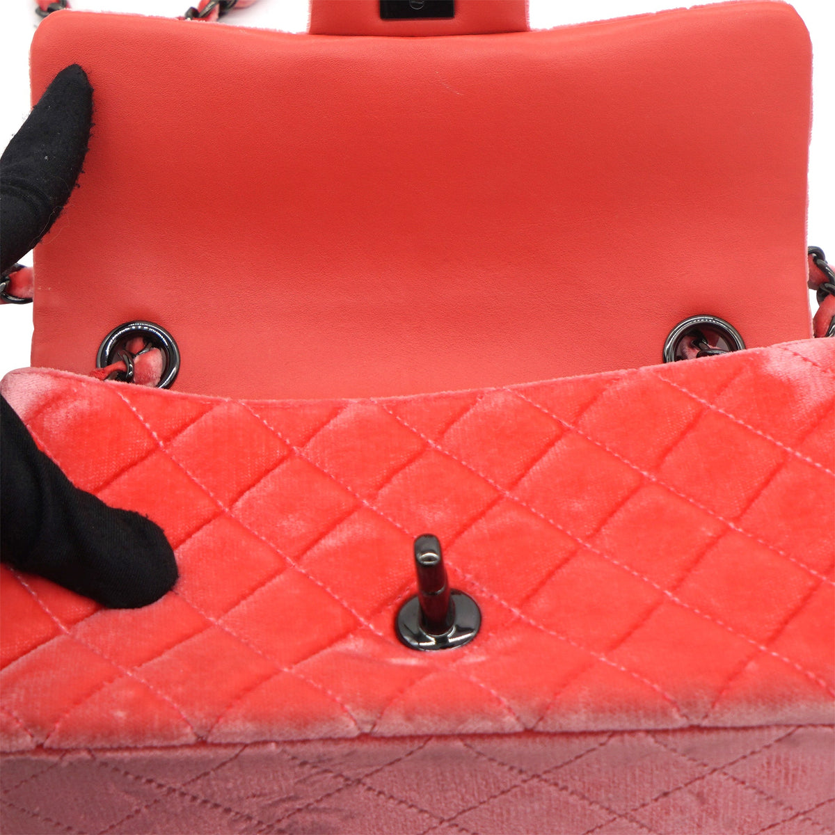 Chanel Velvet Quilted Mini Rectangular Flap Peachy Pink