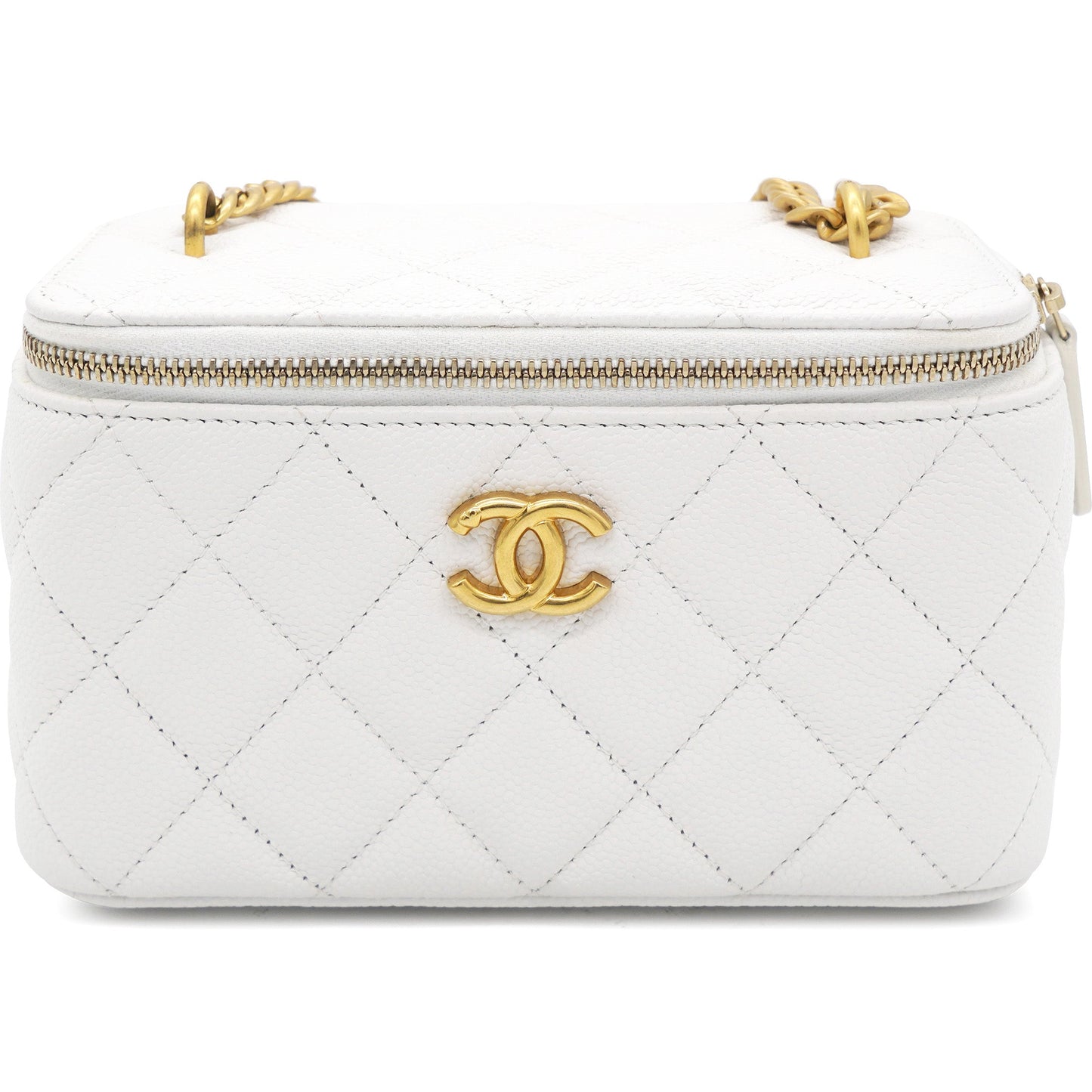 Chanel Caviar Quilted Heart Charm Small Vanity Case With Chain White