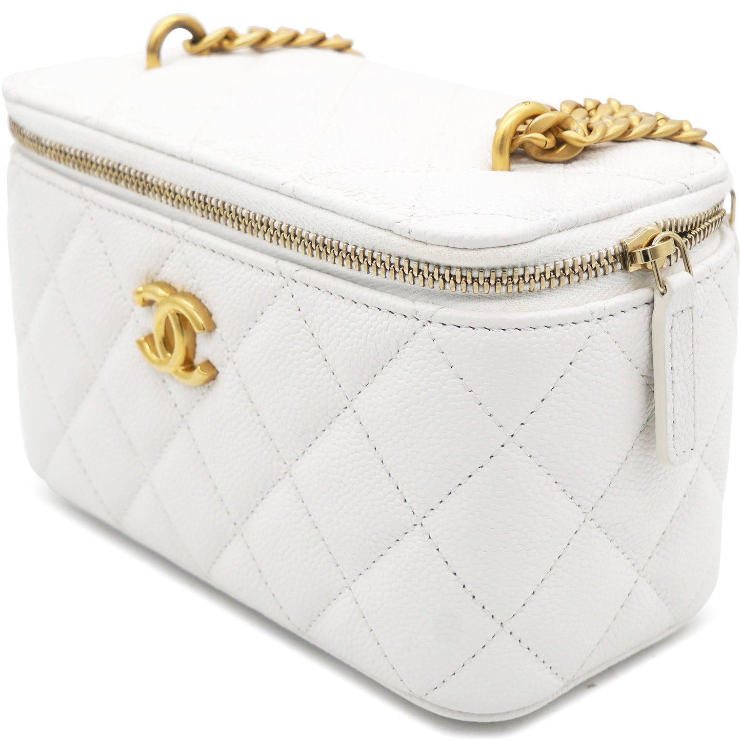 Chanel Caviar Quilted Heart Charm Small Vanity Case With Chain White