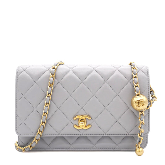 Chanel Lambskin Quilted CC Pearl Crush Wallet on Chain WOC Grey