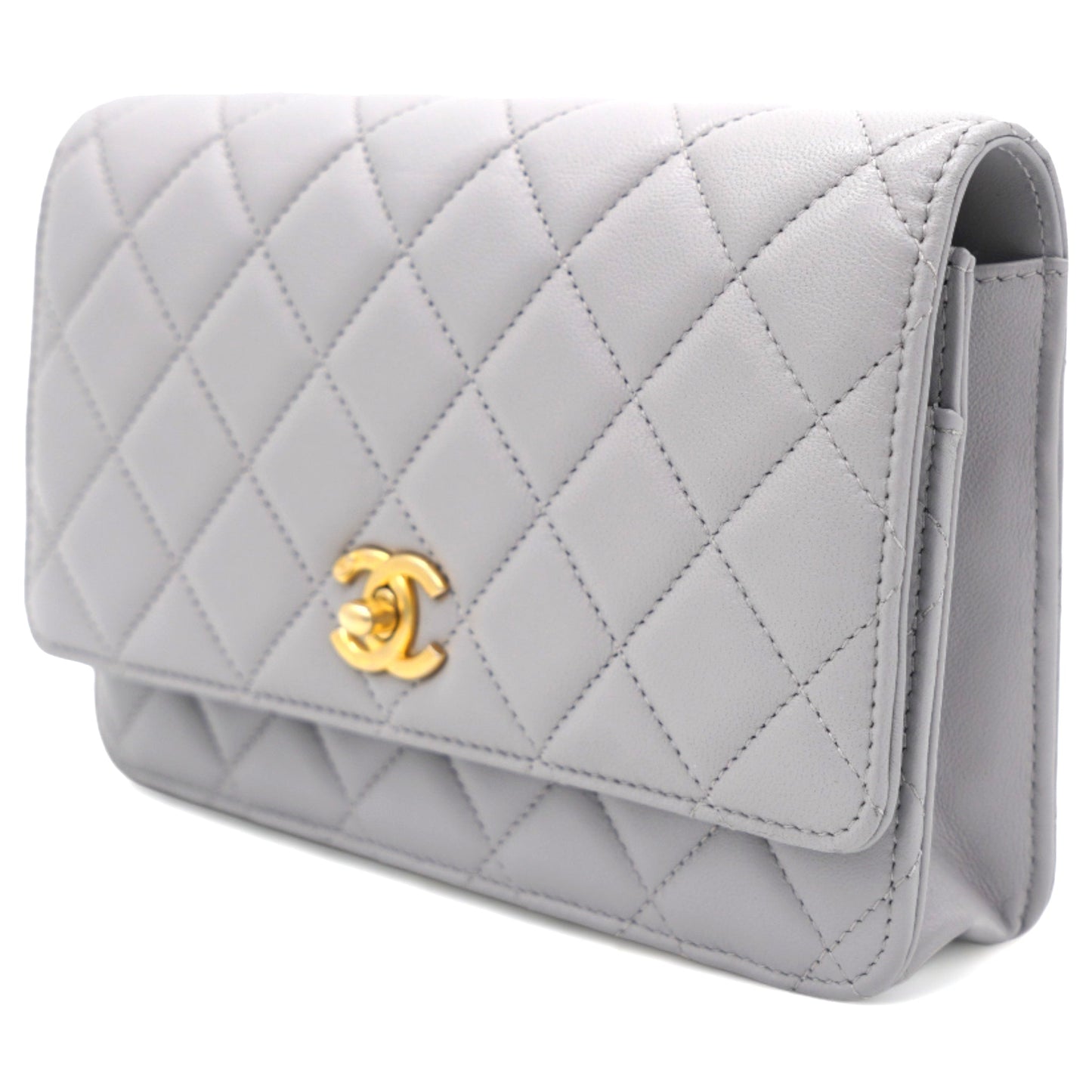 Chanel Lambskin Quilted CC Pearl Crush Wallet on Chain WOC Grey