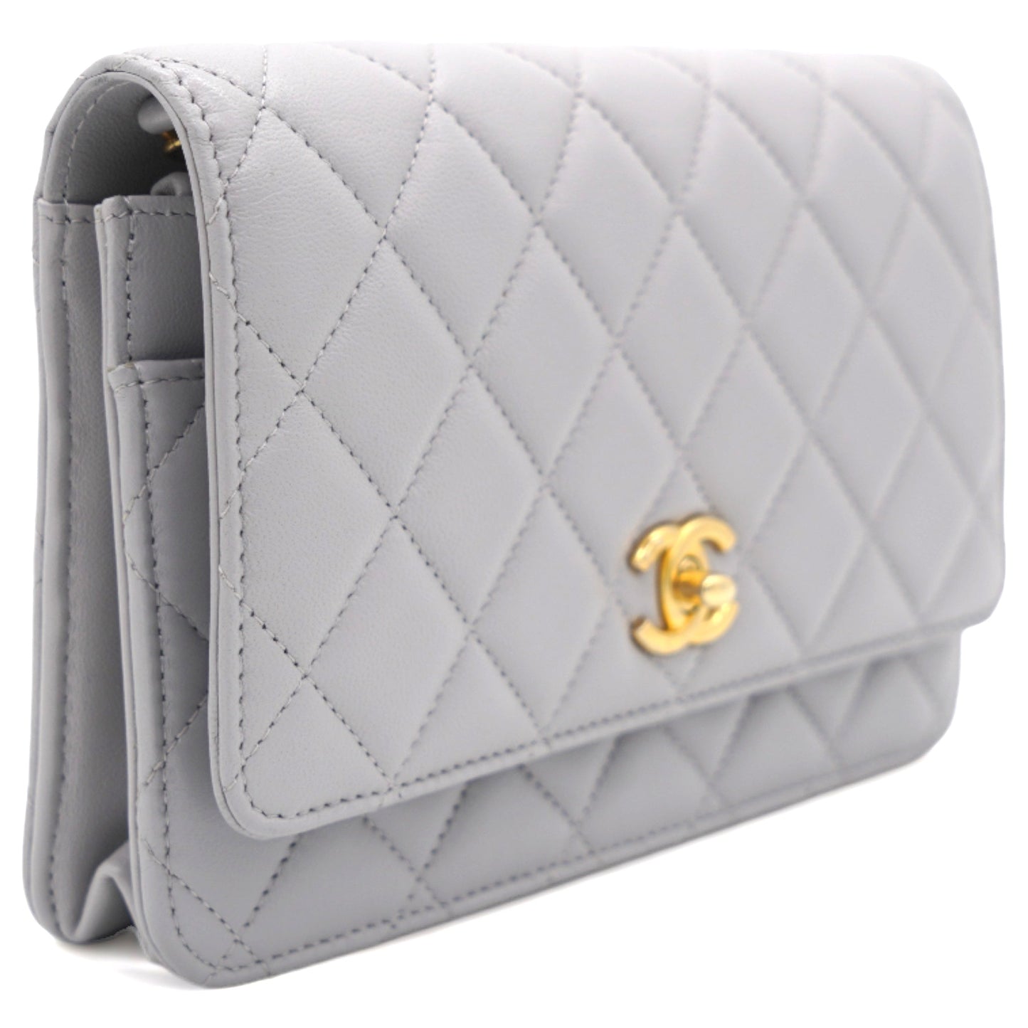 Chanel Lambskin Quilted CC Pearl Crush Wallet on Chain WOC Grey