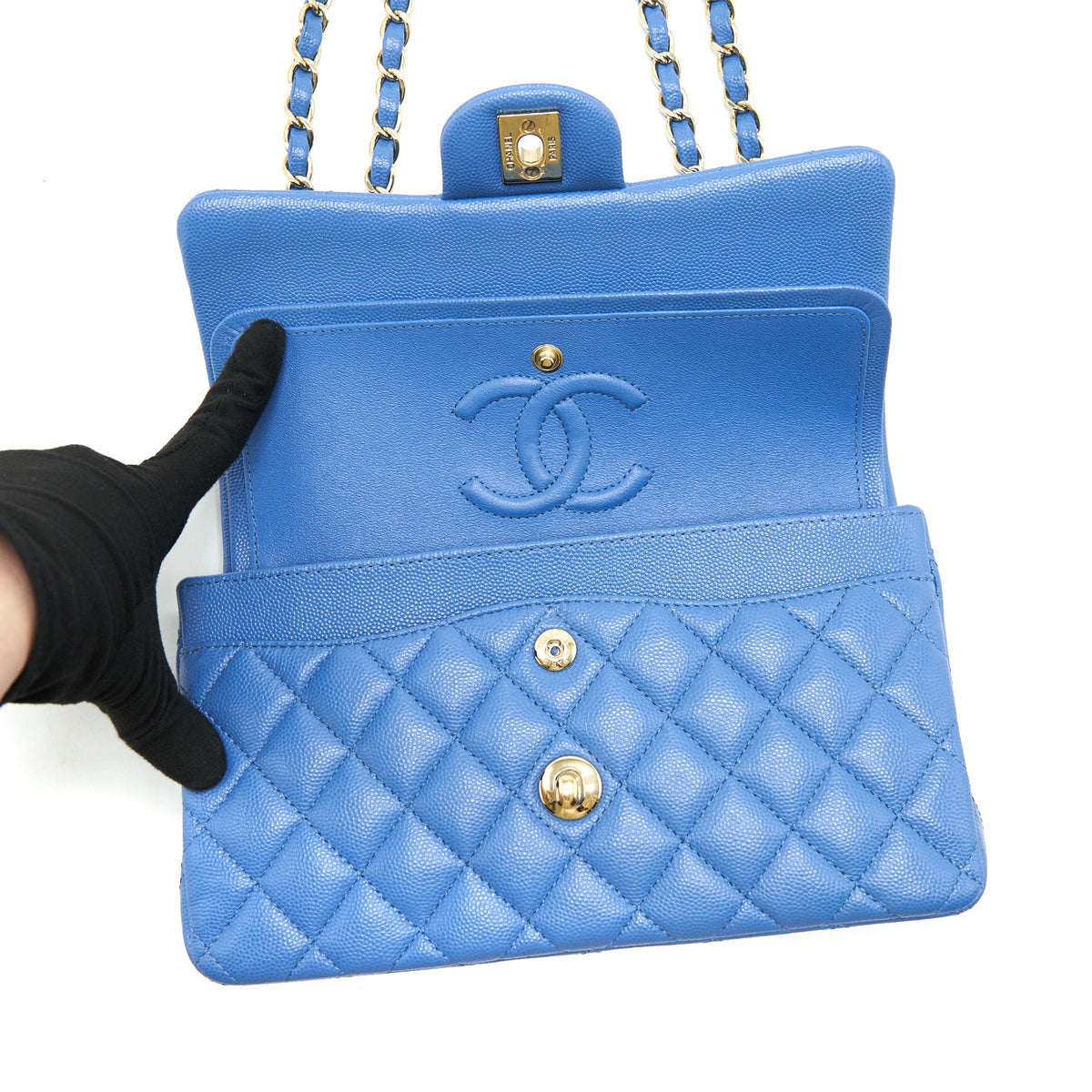Chanel Small Classic double Flap Caviar Blue LGHW