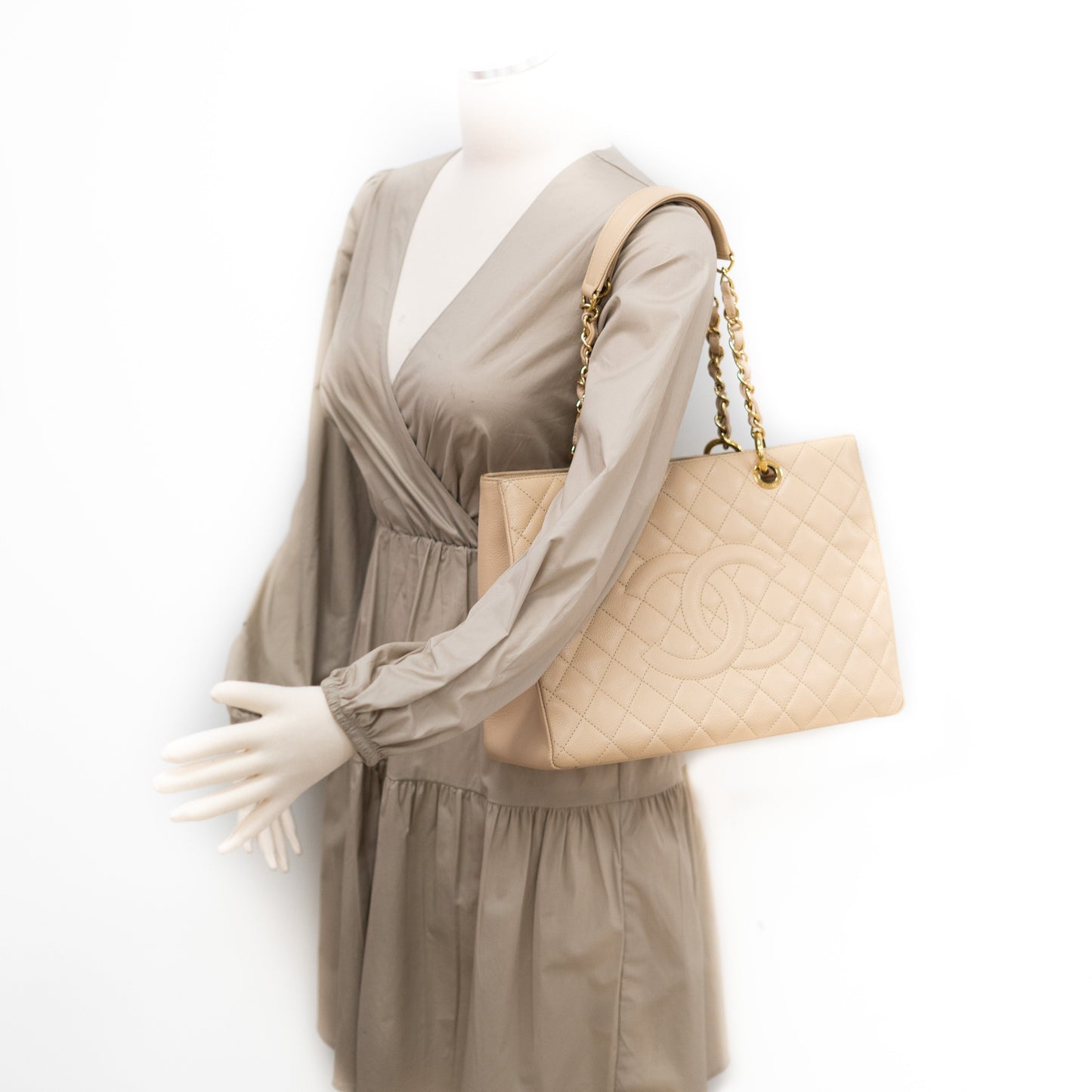 Chanel Quilted Caviar Grand Shopping Tote GST Beige