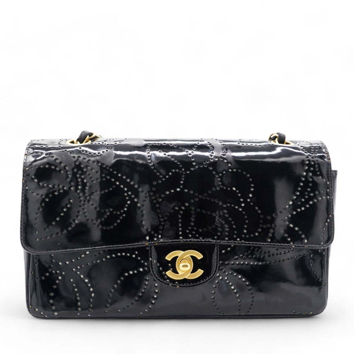 Chanel Patent Perforated Camellia Medium Single Flap Black