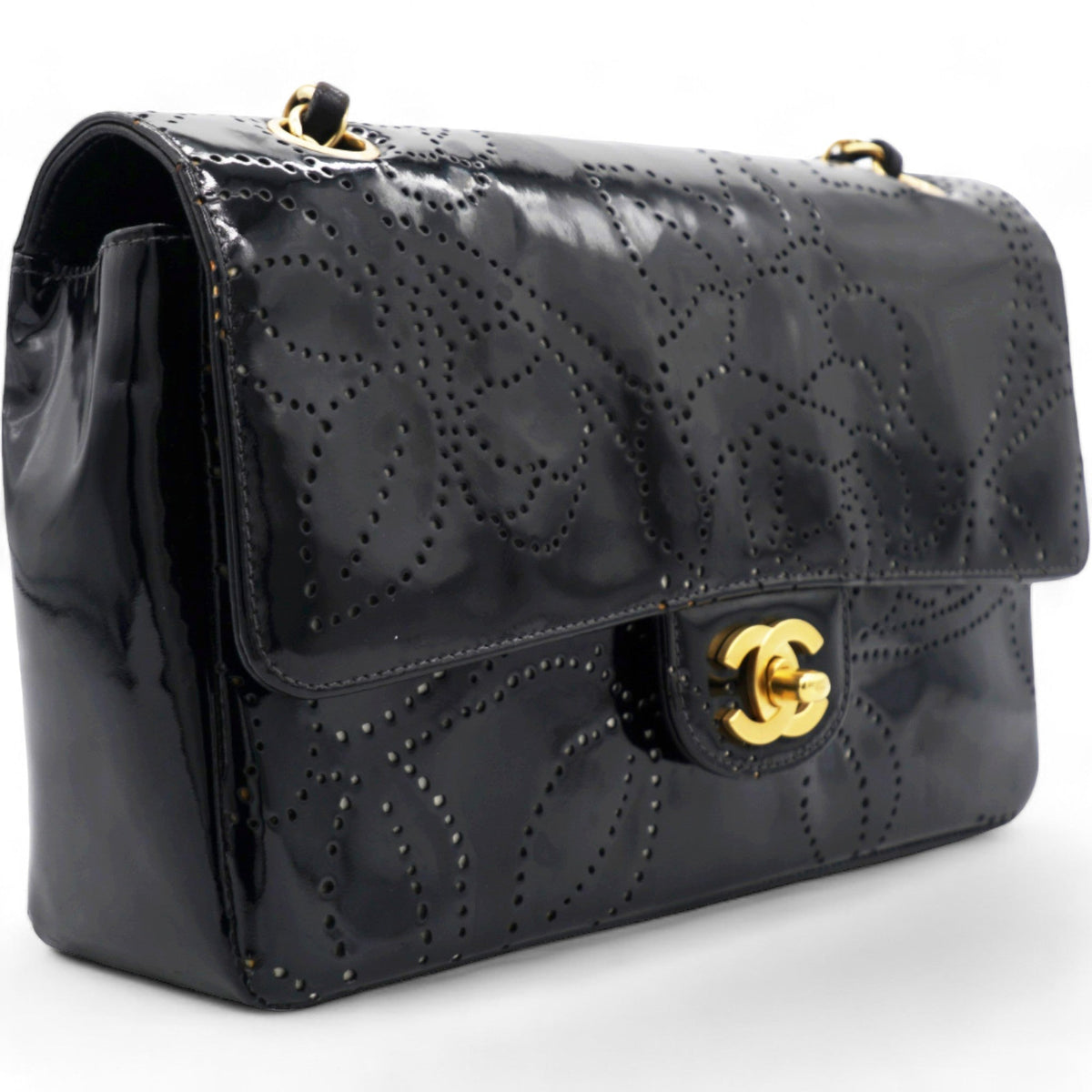 Chanel Patent Perforated Camellia Medium Single Flap Black