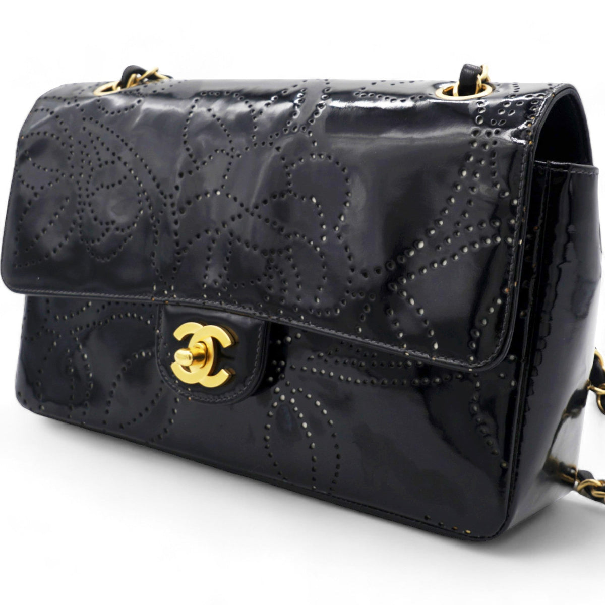 Chanel Patent Perforated Camellia Medium Single Flap Black