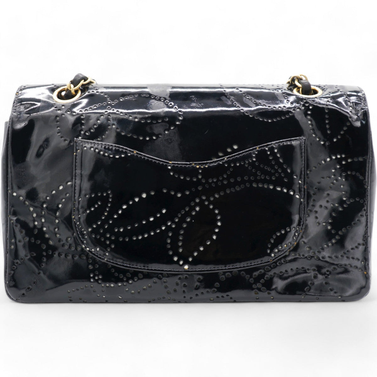 Chanel Patent Perforated Camellia Medium Single Flap Black