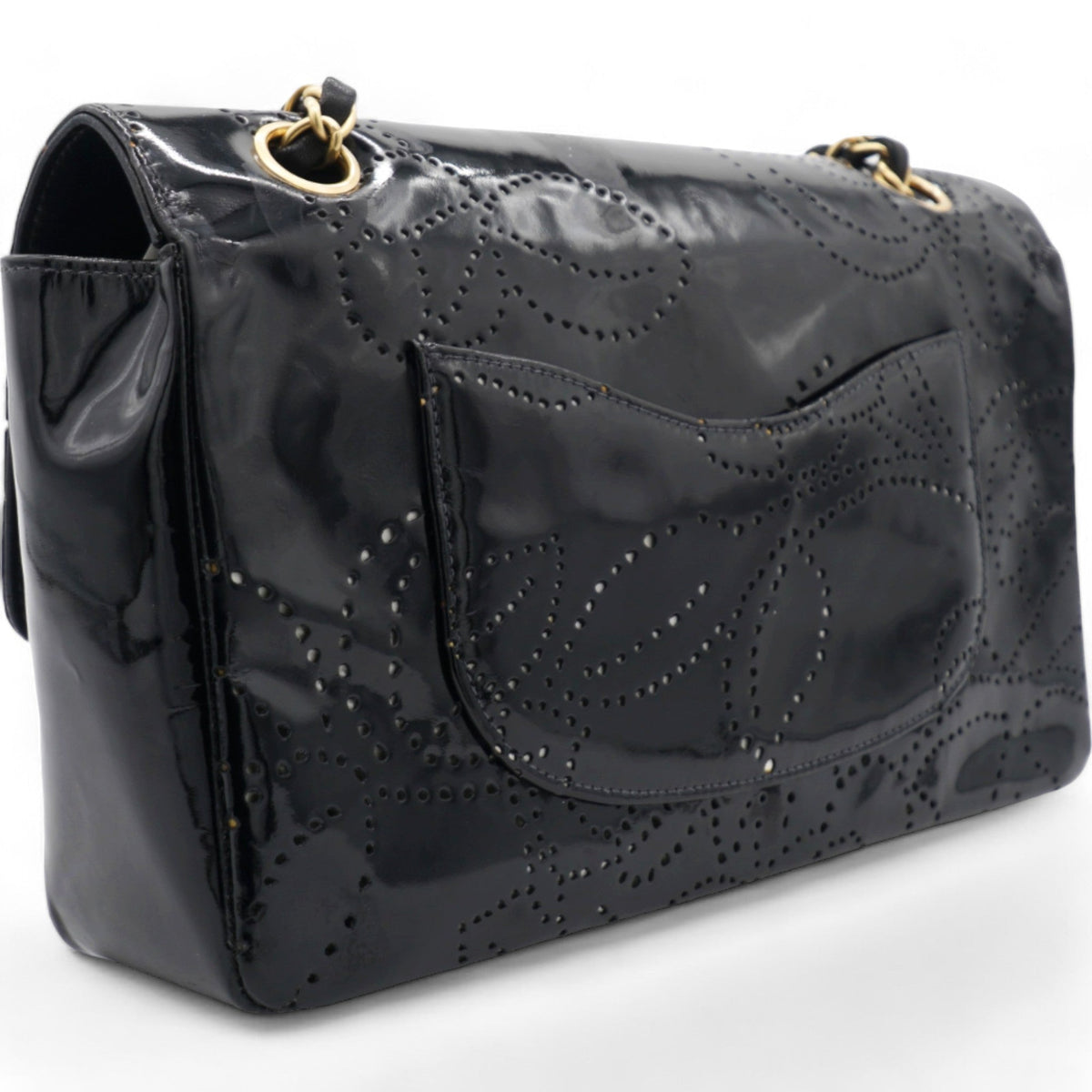 Chanel Patent Perforated Camellia Medium Single Flap Black