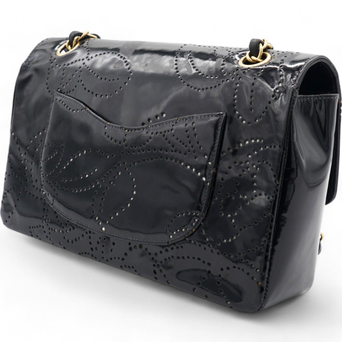 Chanel Patent Perforated Camellia Medium Single Flap Black
