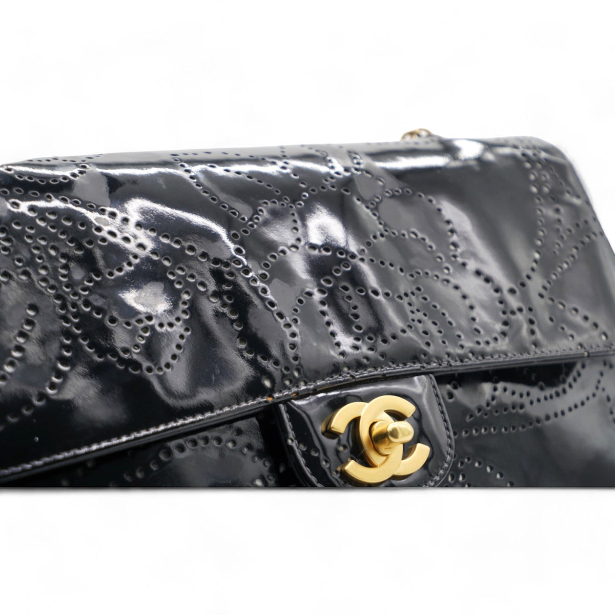 Chanel Patent Perforated Camellia Medium Single Flap Black