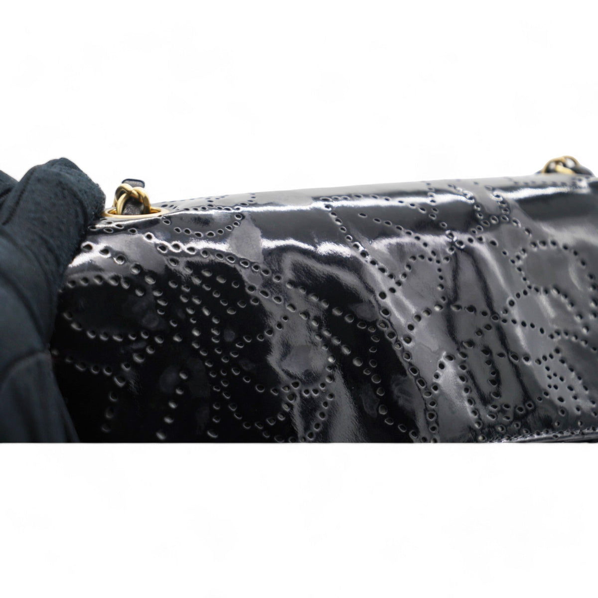 Chanel Patent Perforated Camellia Medium Single Flap Black