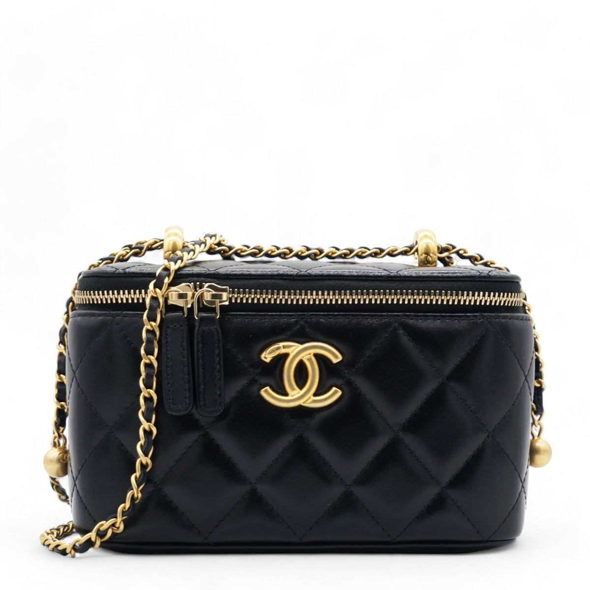 Chanel Lambskin Quilted Small Pearl Crush Vanity Case With Chain Black