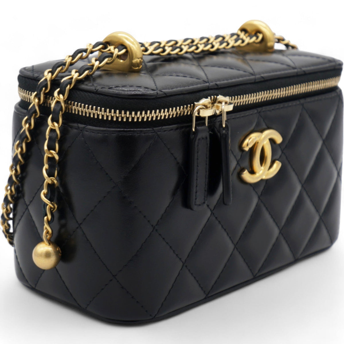 Chanel Lambskin Quilted Small Pearl Crush Vanity Case With Chain Black