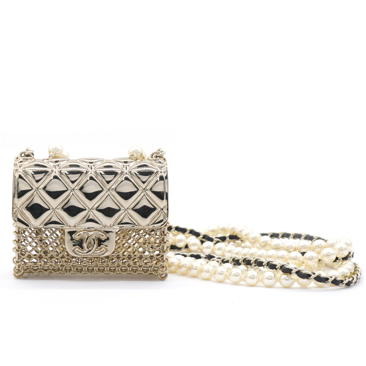Chanel Metal Lambskin Pearl Chain Flap Bag