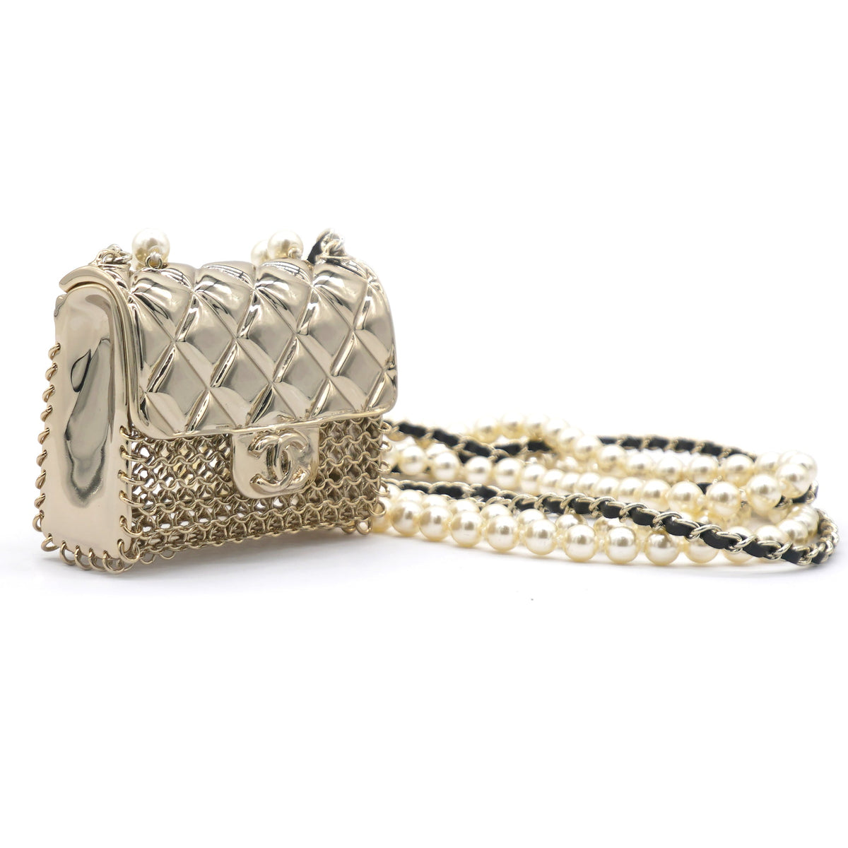 Chanel Metal Lambskin Pearl Chain Flap Bag