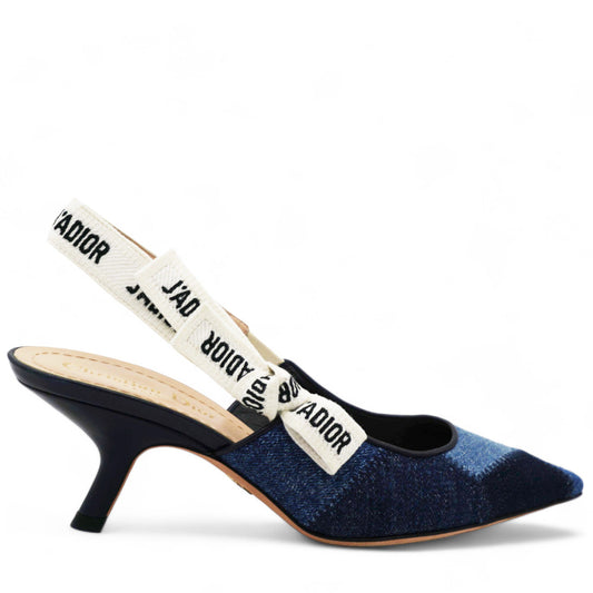 Dior Denim Ribbon Patchwork J'Adior Slingback 65mm Pumps Size35.5