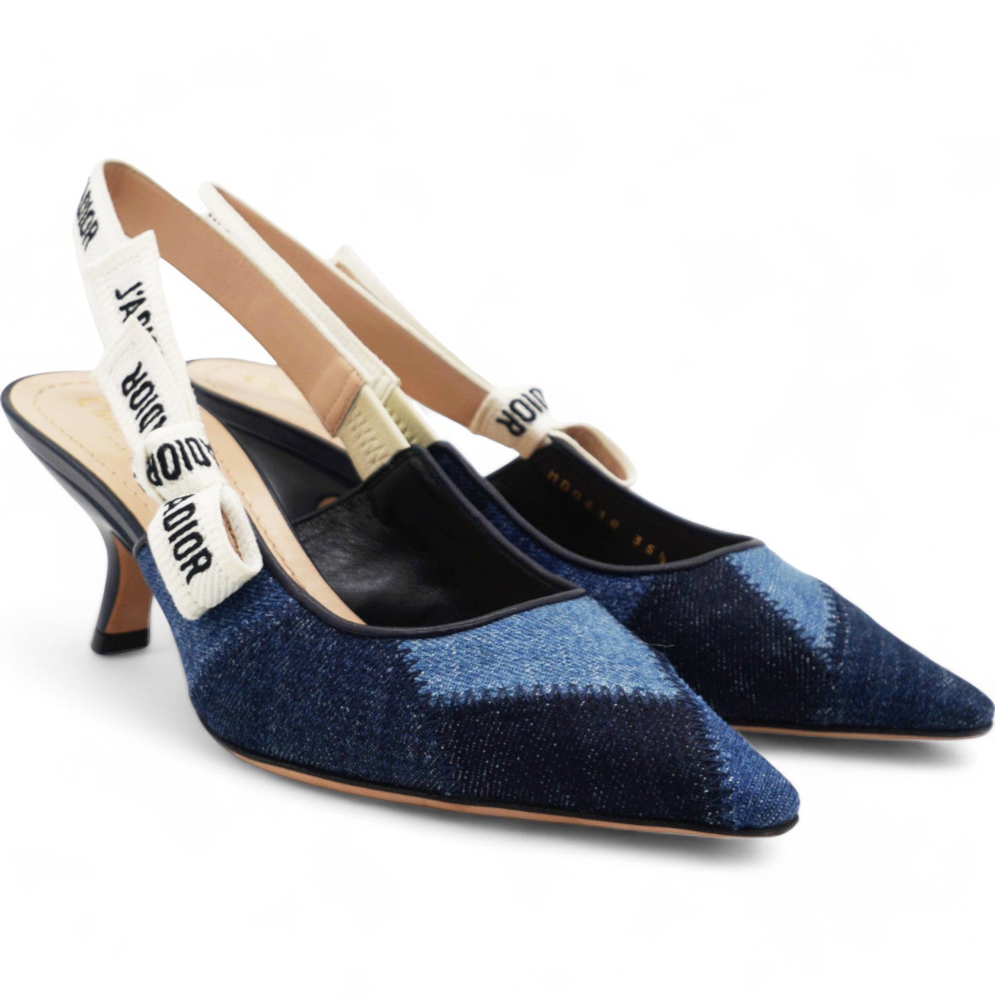 Dior Denim Ribbon Patchwork J'Adior Slingback 65mm Pumps Size35.5
