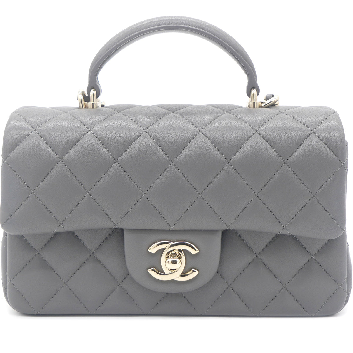 Chanel Lambskin Quilted Mini Top Handle Rectangular Flap Grey
