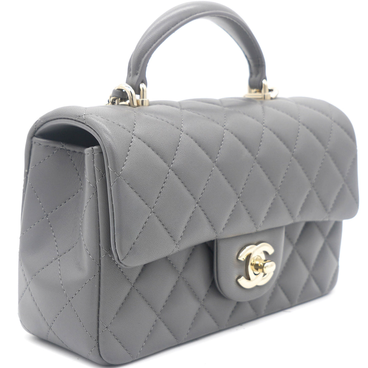 Chanel Lambskin Quilted Mini Top Handle Rectangular Flap Grey