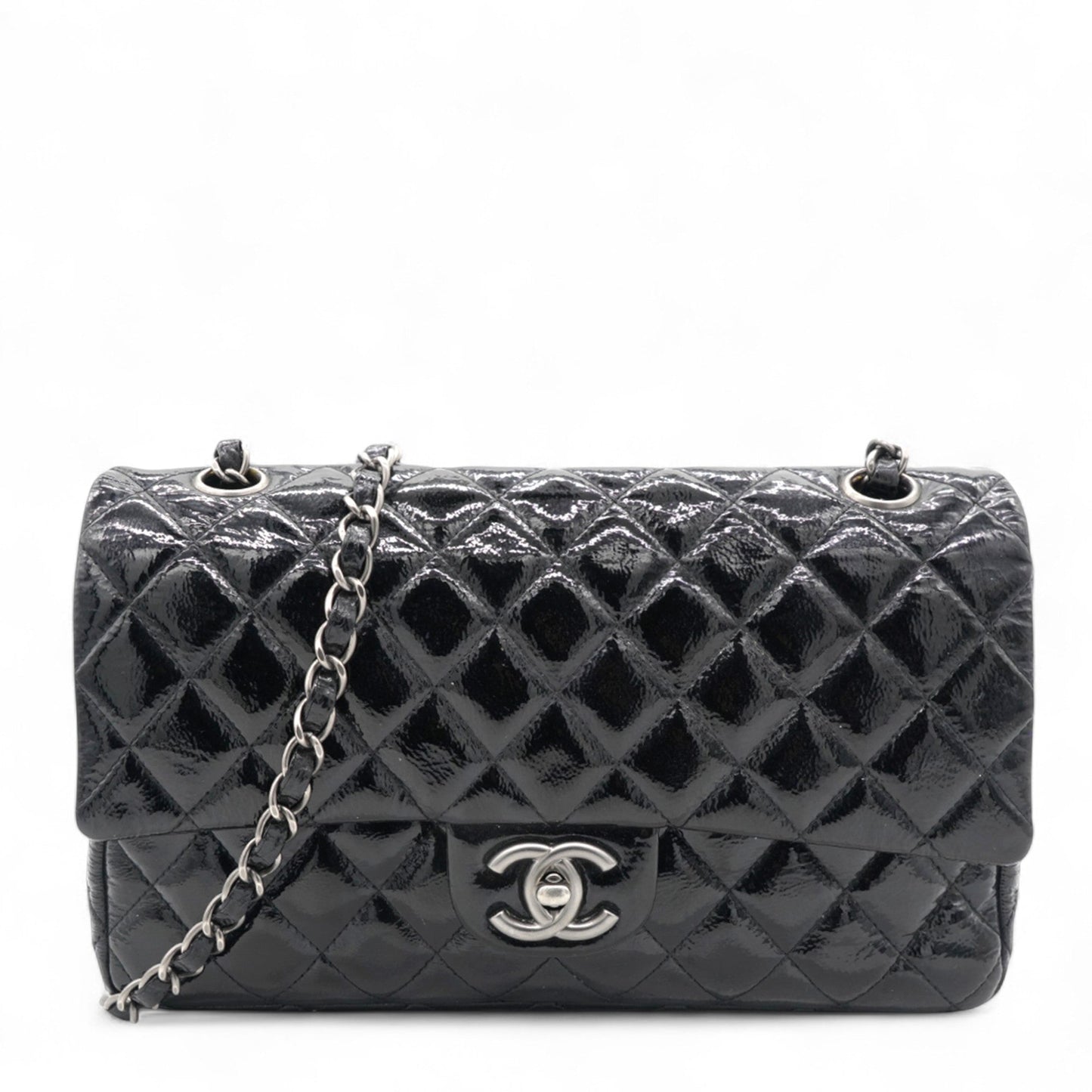 Chanel Distressed Patent Quilted Double Flap Black