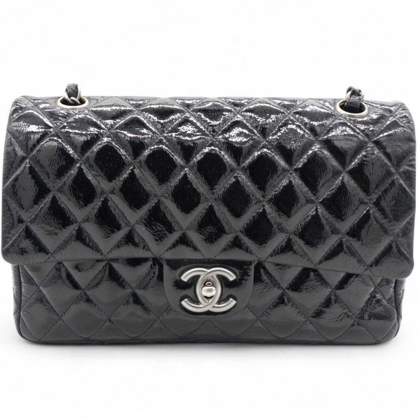 Chanel Distressed Patent Quilted Double Flap Black