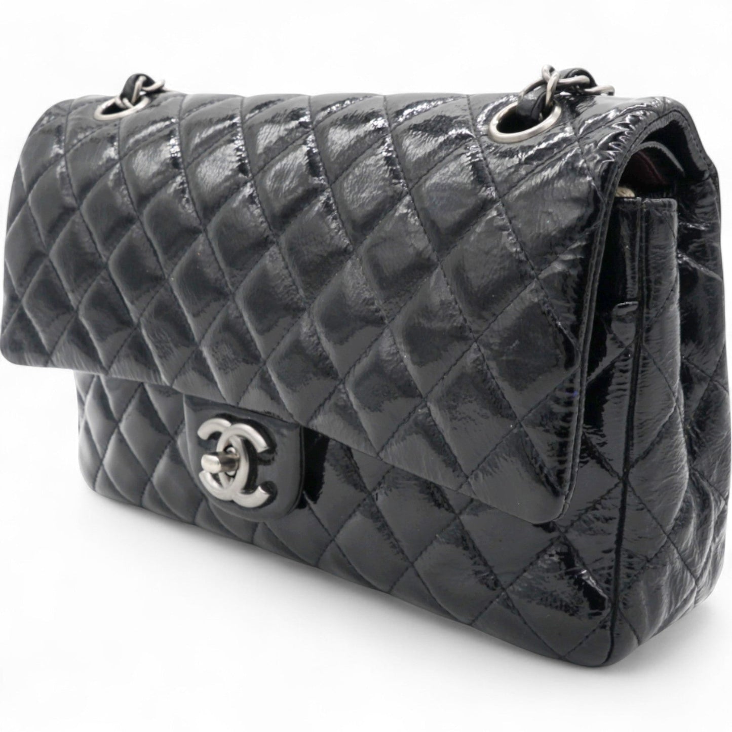 Chanel Distressed Patent Quilted Double Flap Black