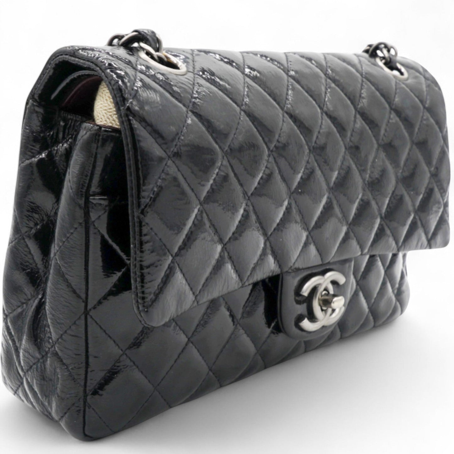 Chanel Distressed Patent Quilted Double Flap Black