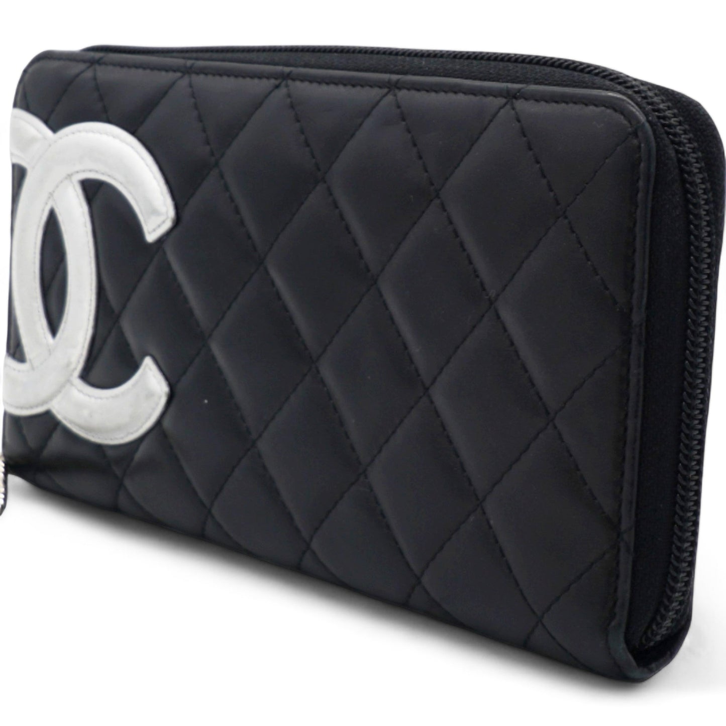 Chanel Calfskin Quilted Cambon Large Gusset Zip Around Wallet Black Silver