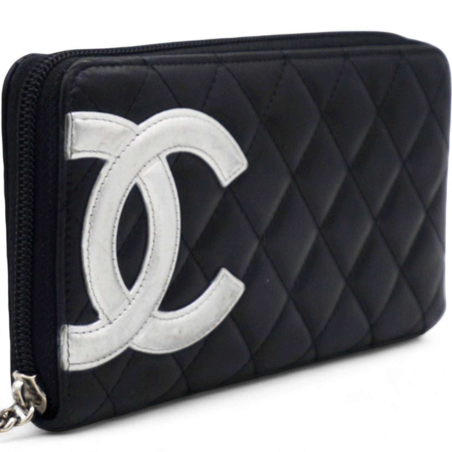 Chanel Calfskin Quilted Cambon Large Gusset Zip Around Wallet Black Silver