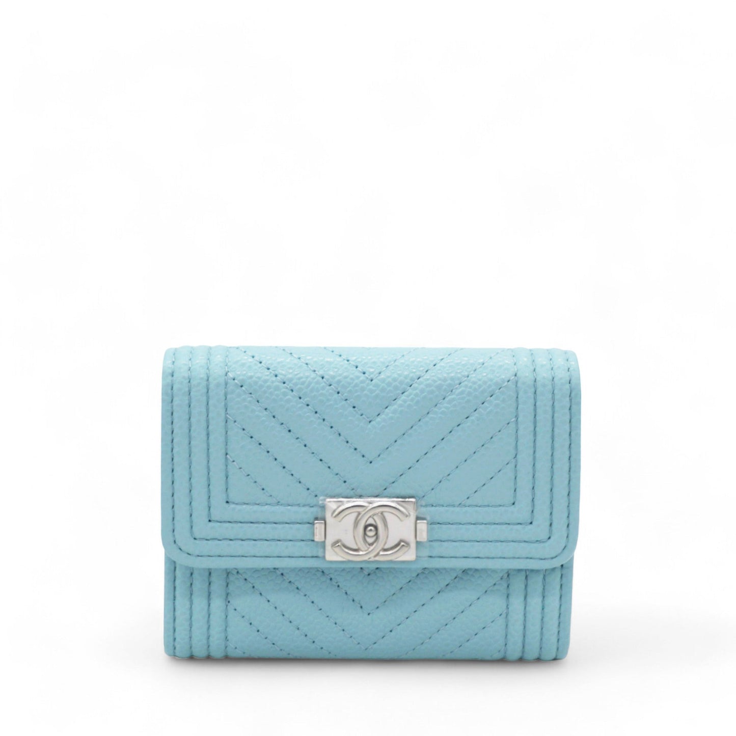 Chanel Caviar Chevron Quilted Boy Card Holder Wallet Light Blue