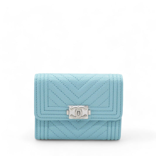Chanel Caviar Chevron Quilted Boy Card Holder Wallet Light Blue