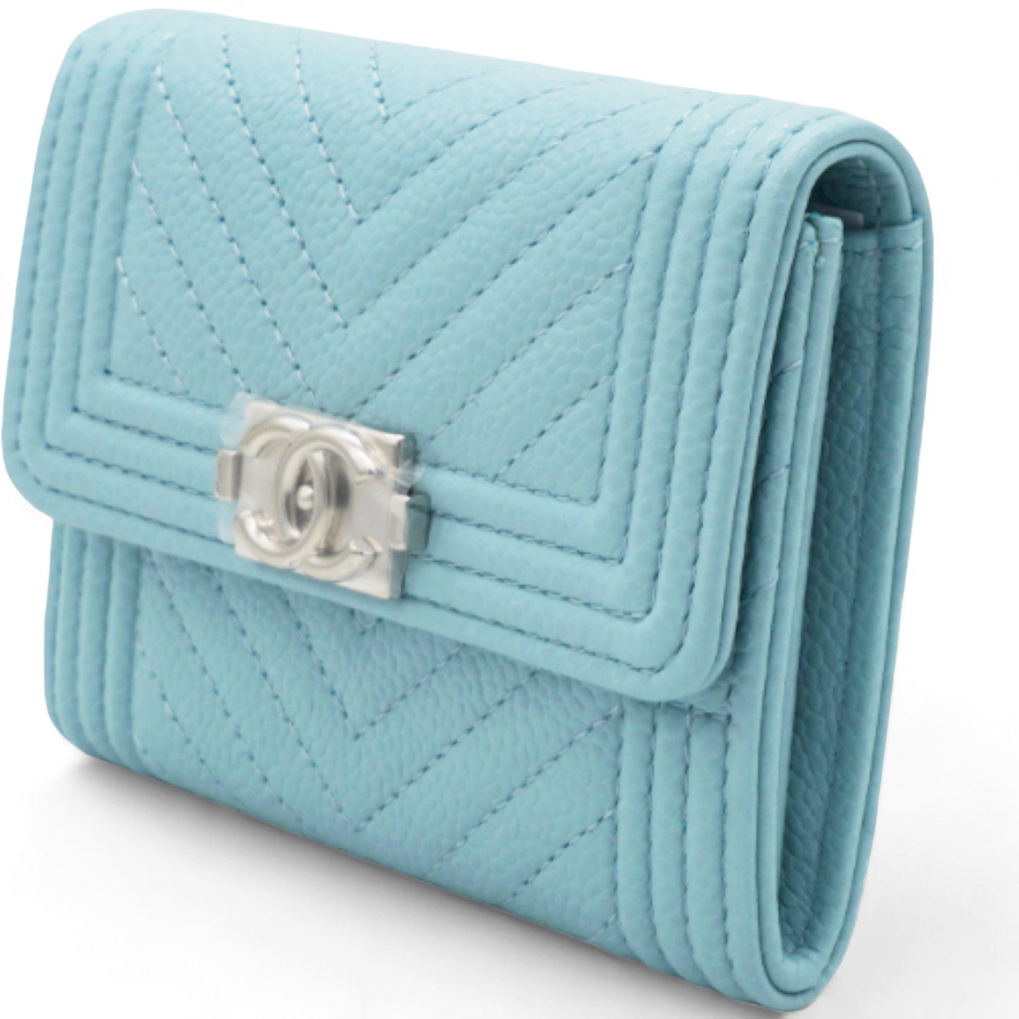 Chanel Caviar Chevron Quilted Boy Card Holder Wallet Light Blue