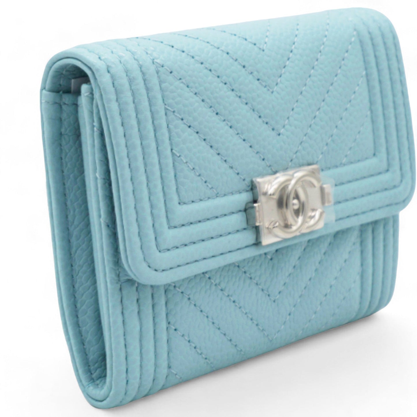 Chanel Caviar Chevron Quilted Boy Card Holder Wallet Light Blue